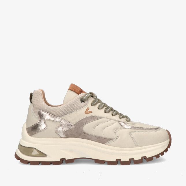 Via Vai Liz Leighton 62317 01-002 ecru sneaker in leercombi met suède en metallic details dikke zool en groene veters