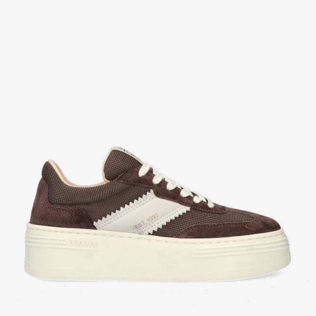 Bruine Via Vai ISA LOU 62342 01-316 sneaker in leercombinatie met suède en mesh zigzagdetail en crèmekleurige plateauzool