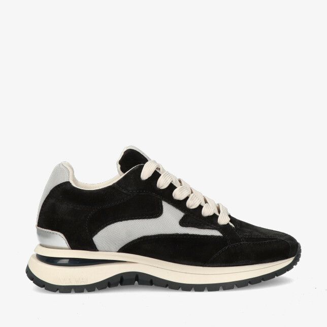 Zwarte suède Via Vai Usher Riggs 62343 01-900 sneaker met grijze panelen dikke zool witte veters en zilveren hiel