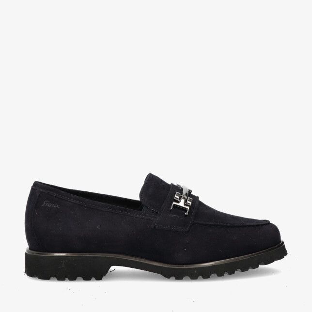 Blauwe suède loafer van Sioux MEREDITH 41351 PROFONDO met metalen bit mocnaad en robuuste profielzool