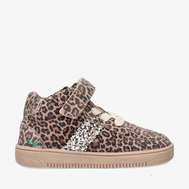 Beige Bunnies JR Mika Mellow 225653 906 kindersneaker van suède met panterprint glitterstreep klittenband en veters
