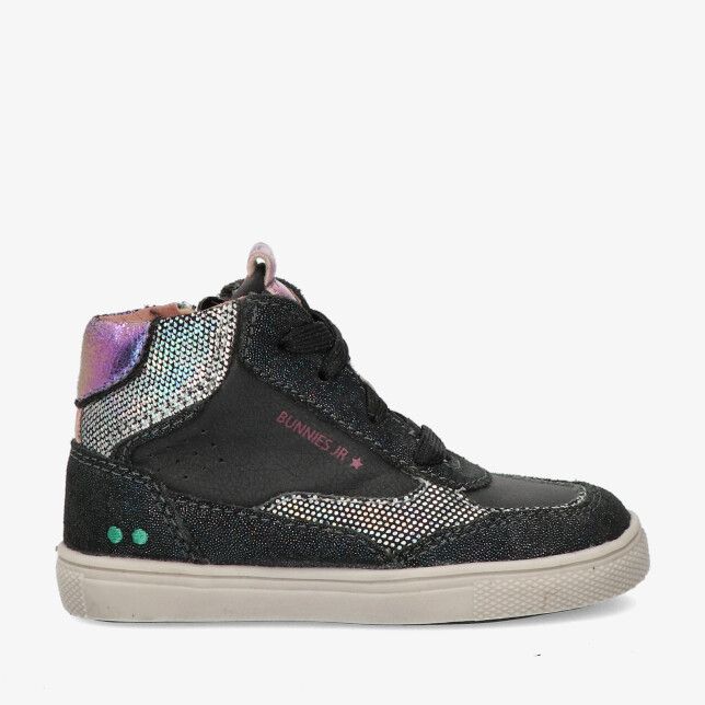 Zwarte Bunnies JR Lola Louw 225752 989 hoge sneaker in leren combi met glitterlook vetersluiting en lichte zool