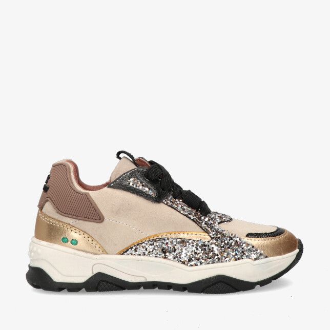 Beige leren Bunnies JR Ciske Chunky 225875 995 sneaker met glitterdetails zwarte veters gouden accenten en dikke zool