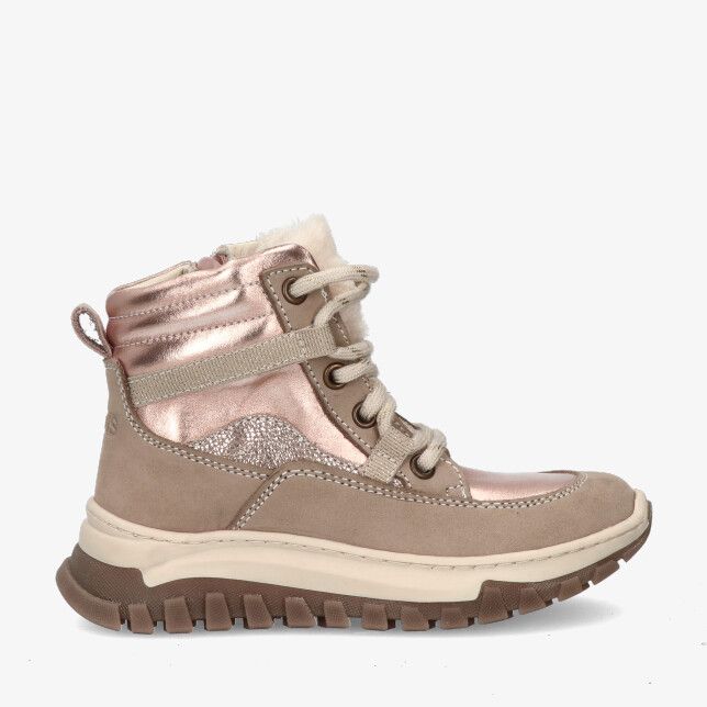 Taupekleurige leren Twins TALA TREND 325620 108-W3 laars met roségouden glans veters bontkraag en tweekleurige zool