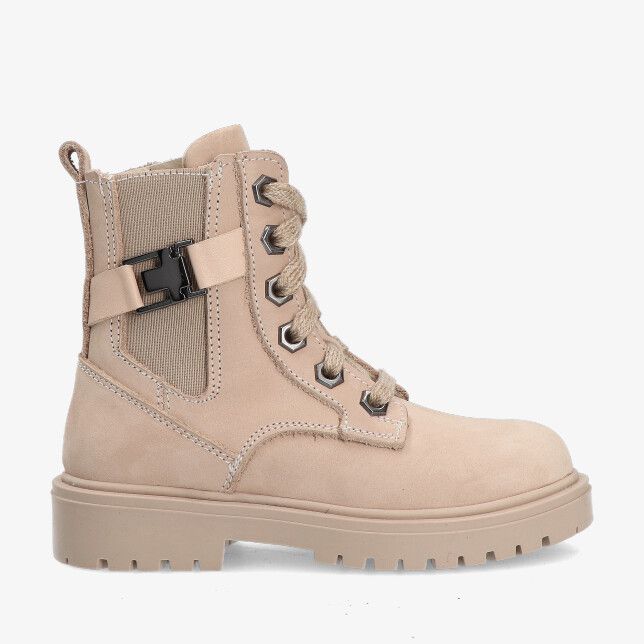 Beige nubuck veterlaars Twins Teddy Ton 325622 101-W3 met grove profielzool metalen oogjes elastisch inzetstuk en zijgesp