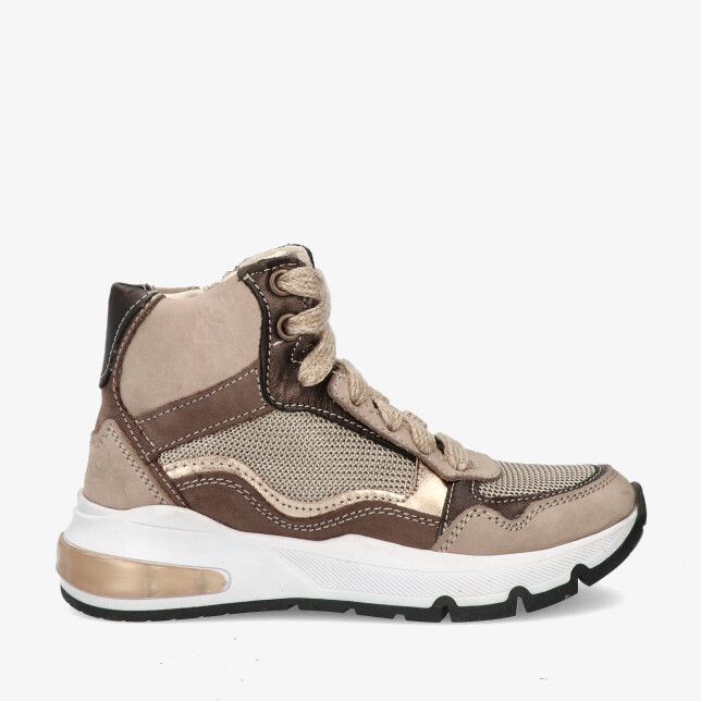 Beige leren Twins SAMIRA 325657 108-W3 high-top sneaker met mesh en goudkleurige details op chunky witte zool