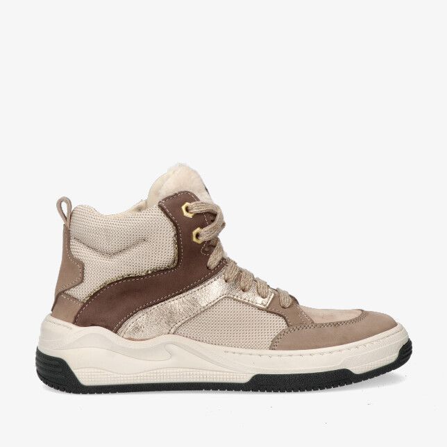 Beige hoge sneaker Twins Bonny Braaf 325700 108-W2 in leren combinatie met mesh en metallic detail met bontvoering