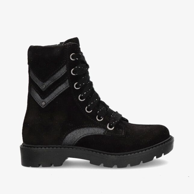 Zwarte leren veterlaars Twins HETTIE 325951 489-W5 met suède uitstraling metalen oogjes chevrondetail en grove zool