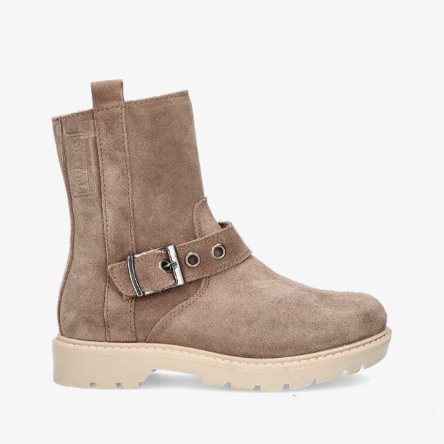 Beige suède Twins Heleen 325950 407-W3 enkelboot met gespsluiting en oogjes robuuste profielzool en ronde neus