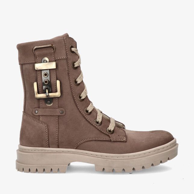 Taupekleurige nubuckleren veterlaars Twins IDA IETS 325674 108-W2 met grove profielzool goudkleurige gesp en ronde neus