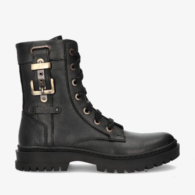 Zwarte leren veterlaars van Twins IDA IETS 325674 589-W2 met grove zool en antiekkleurige gesp