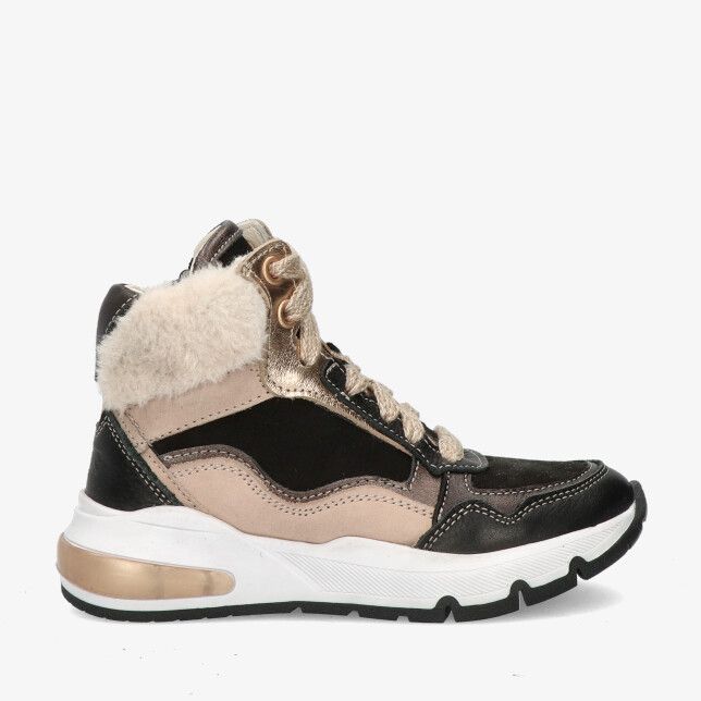 Twins Samira 325657 189-W5 hoge sneaker in zwarte leren combi met bontkraag en gouden accenten en dikke zool