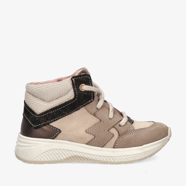 Taupekleurige Twins Eef Engel 325600 111-W2 halfhoge sneaker in leercombi met zwarte bies textuurdetails en witte zool