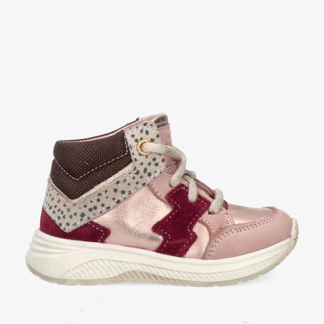 Roze leren hoge sneaker Twins EEF Engel 325600 996-W5 met metallic glans bordeaux zigzagdetails en een gespikkelde kraag