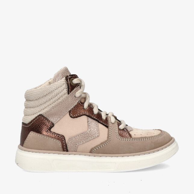 Taupe Twins Babet Bel 325615 108-W2 hoge sneaker in leren combi met bronzen accenten ribgebreide kraag en witte zool