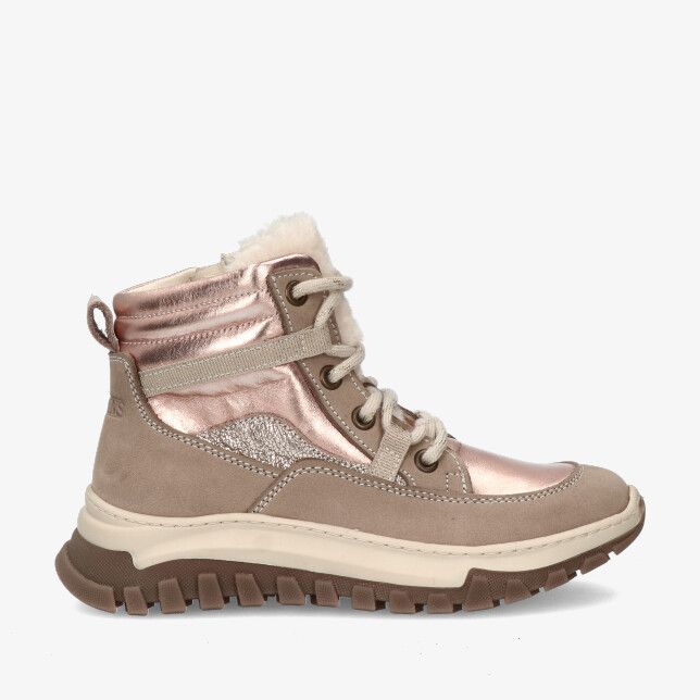 Taupekleurige leren veterboot Twins Tala Trend 325620 108-W5 met roségouden accenten borgkraag en grove zool