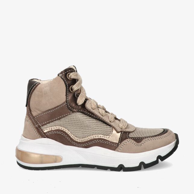 Beige leren high-top sneaker Twins Samira 325657 108-W2 met mesh panelen en witte chunky zool met gouden hielaccent