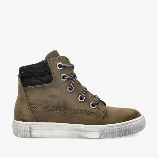 Kakikleurige nubuck hoge sneaker van Track Style CRIS COOL 325801 567-W3 met zwarte kraag metalen veterhaken en witte zool
