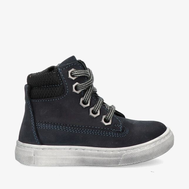 Blauwe nubuck kindersneaker Track Style Cris Cool 325801 129-W5 met hoge schacht grijze veters metalen oogjes en rubberzool