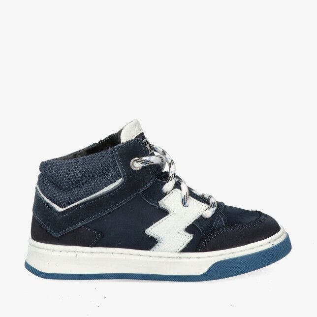 Zwarte Track Style Olaf Omega 325806 129-W5 kindersneaker in leercombi met middenhoog model witte zigzag en blauwe zoolrand
