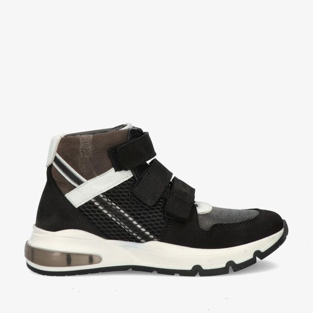 Zwarte leren Track Style SAM SPLIN 325826 189-W3 sneaker met klittenband mesh inzet hoge kraag en witte zool met hielvenster