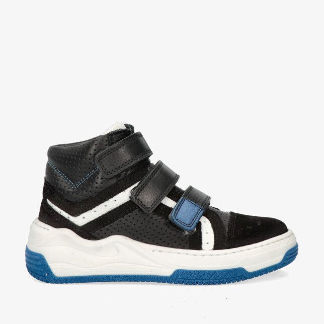 Zwarte nubuck high top sneaker Track Style BAS BRAAF 325821 189-W3 met drie klittenbandriempjes en blauwe loopzool