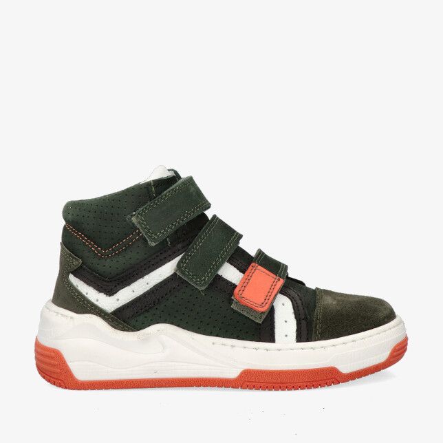 Groene nubuck hoge sneaker van Track Style BAS BRAAF 325821 168-W5 met klittenband en oranje zoolaccent