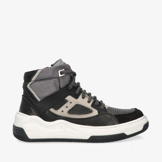 Zwarte Track Style BOB BRAAF 325850 589-W3 hoge sneaker in leren combinatie met grijs mesh perforaties en dikke witte zool