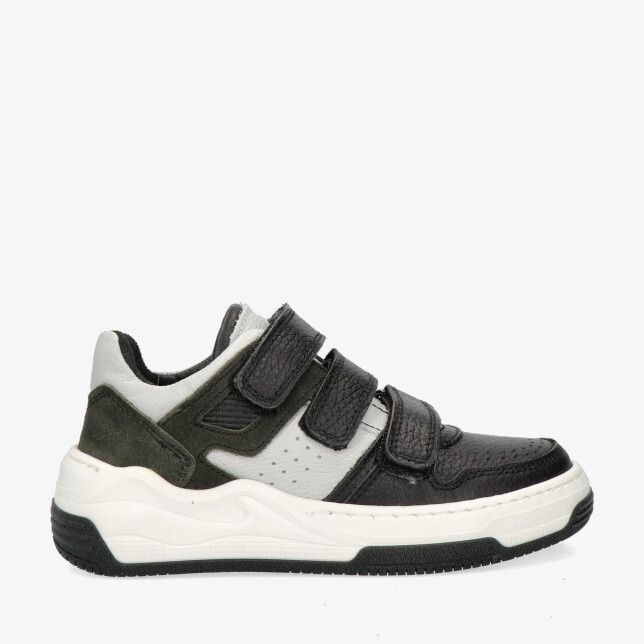 Zwarte leren Track Style STEEF SPLIN 325853 468-W3 sneaker met drie klittenbandriempjes perforaties opzij en witte zool