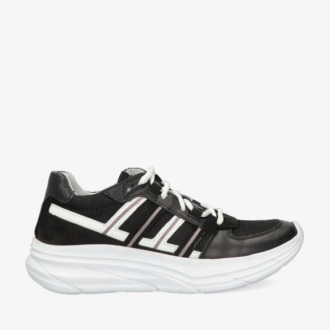 Zwarte Track Style Franki 325901 589-W3 sneaker in leercombi met mesh panelen witte veters witte accenten en dikke zool