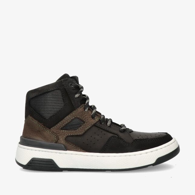 Zwarte Track Style Benji Bond 325898 589-W6 halfhoge sneaker met bruine accenten gewatteerde enkel perforaties en witte zool