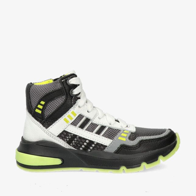 Zwarte Track Style Sean Splin 325855 588 W5 hoge sneaker van leren combi met grijs mesh neongele details en limegroene zool