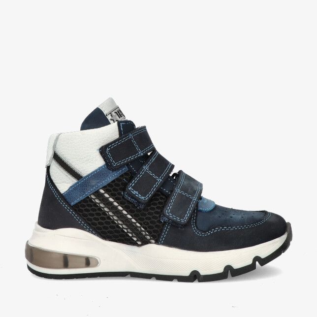 Blauwe leren Track Style SAM SPLIN 325826 129-W5 sneaker met klittenband mesh zijpanelen en witte luchtzool