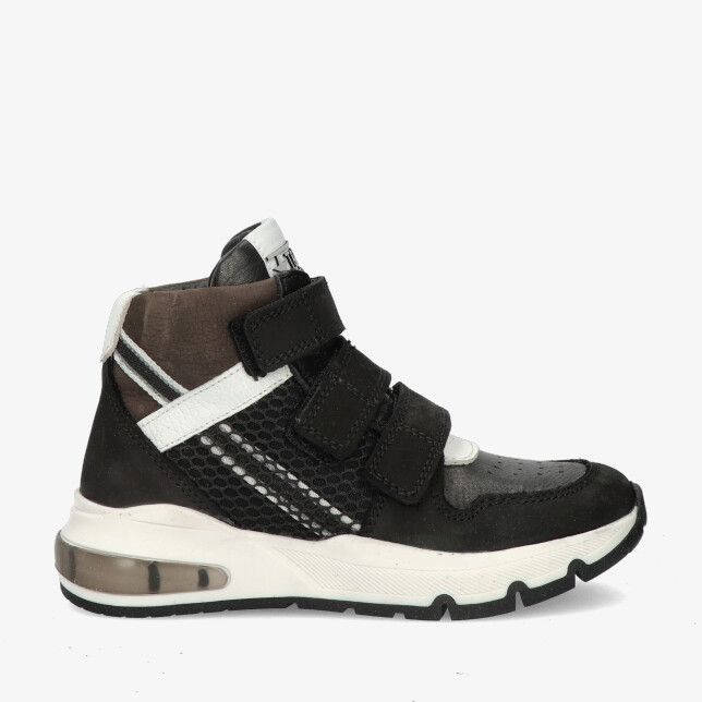 Zwarte leren high-top sneaker Track Style SAM SPLIN 325826 189-W5 met drie klittenbandsluitingen mesh zijpanelen en witte zool
