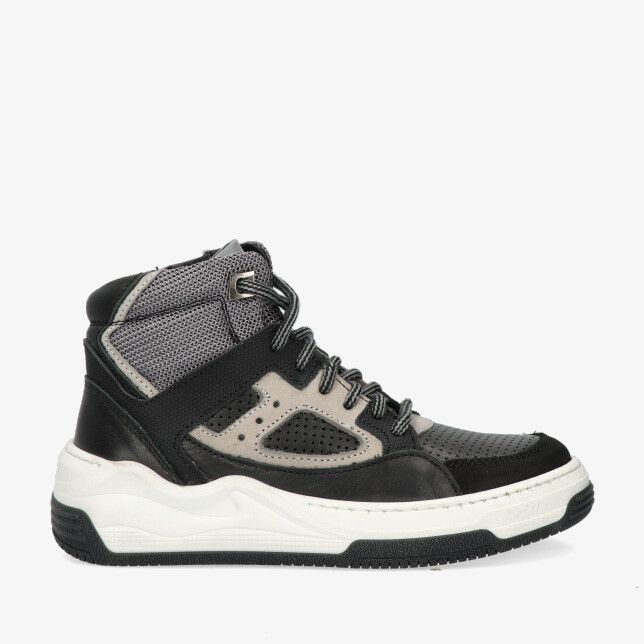 Zwarte Track Style BOB BRAAF 325850 589-W5 high-top in leercombi met grijze mesh panelen perforaties en een dikke witte zool