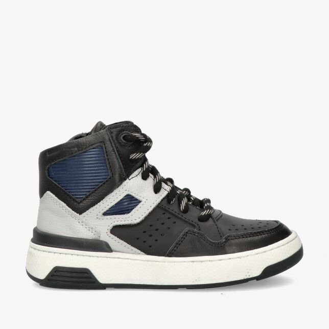 Zwarte Track Style BENJI BOND 325898 689-W5 hoge sneaker in leren combi met grijze en donkerblauwe panelen en een witte zool