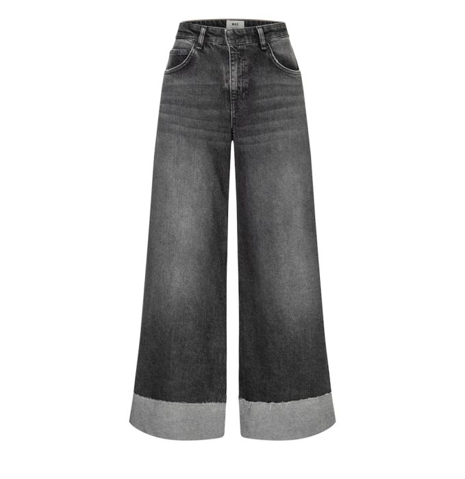 Grijze MAC jeans met wijde pijpen en hoge taille model 2805 90 0291 D986 met brede omgeslagen zoom en lichte wassing