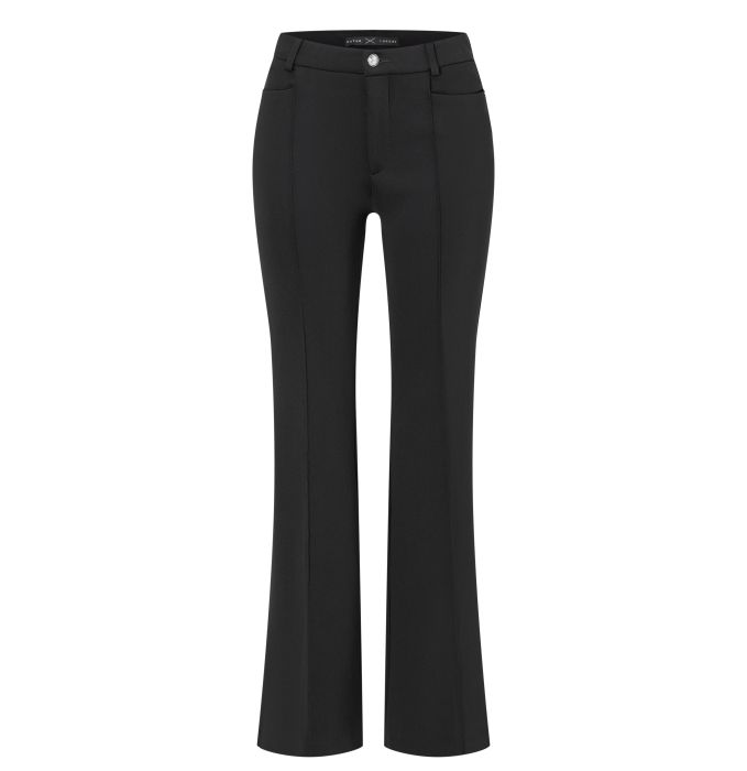 Zwarte MAC 0127 5528 090 [32] broek met licht uitlopende pijpen persnaden riemlussen en knoopgulp in soepele stof