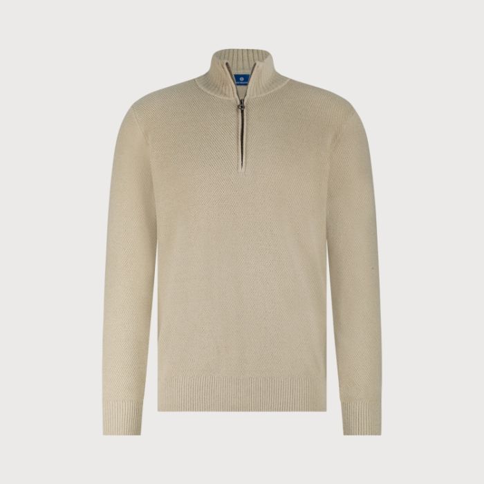 Crème halfzip trui van Blue Industry model KBIW25-M16 Stone met opstaande kraag subtiele gebreide textuur en ribboorden