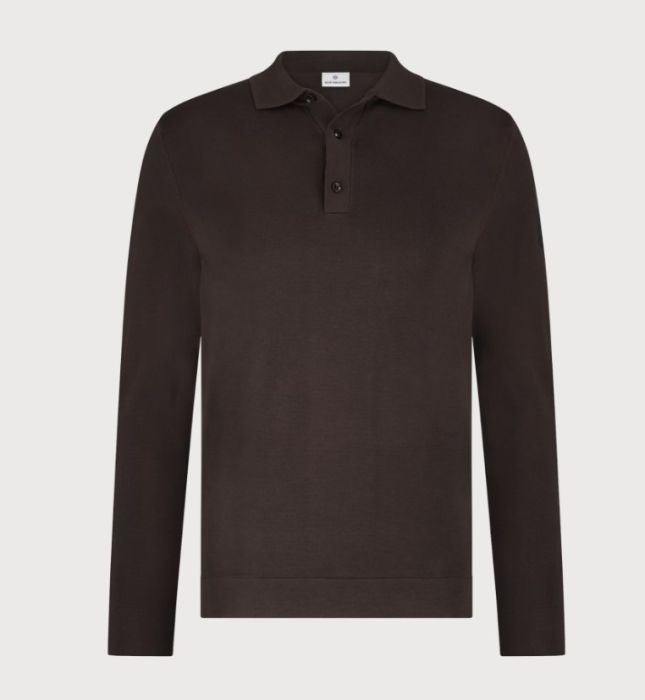 Bruine fijngebreide polo trui met lange mouwen en knoopsluiting van Blue Industry model KBIW25-M8 in chocoladebruin