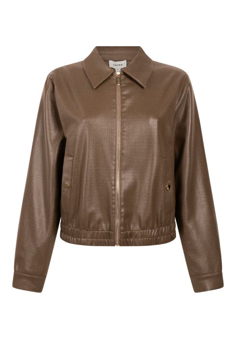 Groene Aaiko Ravi Coated jas model VIS 564 190618 met glanzende finish gouden rits steekzakken en elastische zoom