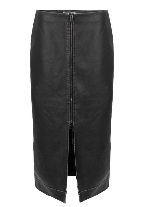 Zwarte kokerrok van Aaiko model Elodie PU 756 0 met leerlook middenrits en voorsplit