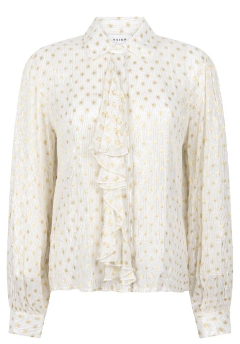 Aaiko Yalise Dot TBA 0 blouse in gebroken wit met gouden stippen lange mouwen kraag en ruches aan de voorkant