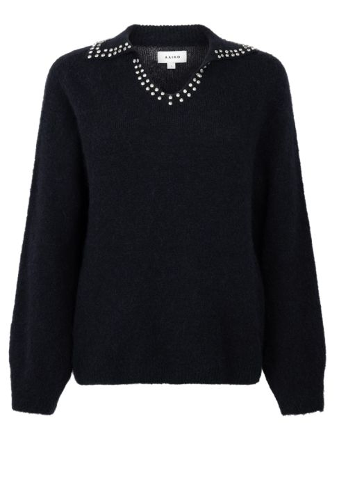 Zwarte Aaiko Rosalyn Strass WP 389 0 trui met zachte gebreide look V-hals en kraag met strassteentjes