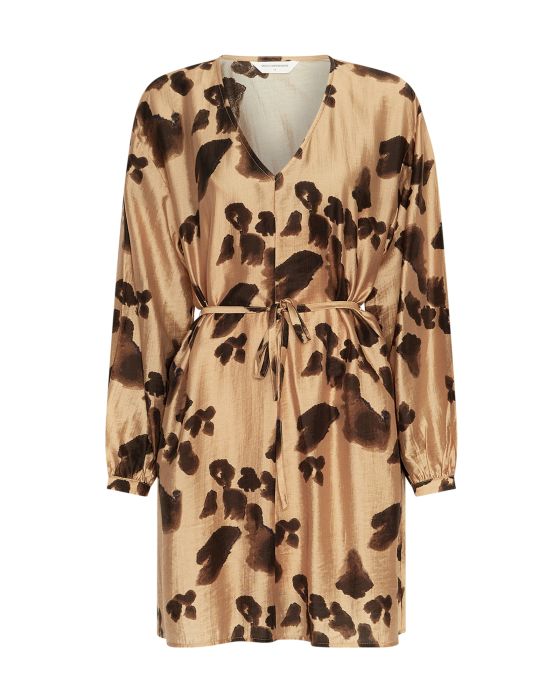 MSCH Copenhagen jurk model 19462 in bruine iced coffee tint met luipaardprint V-hals lange mouwen en strikceintuur