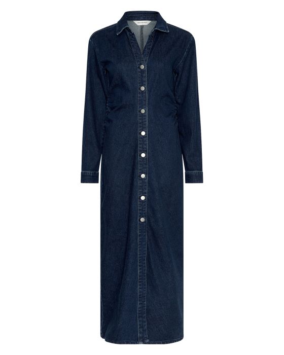 Donkerblauwe MSCH Copenhagen 19504 denim overhemdjurk in dark blue wash met lange mouwen kraag en doorknoopsluiting
