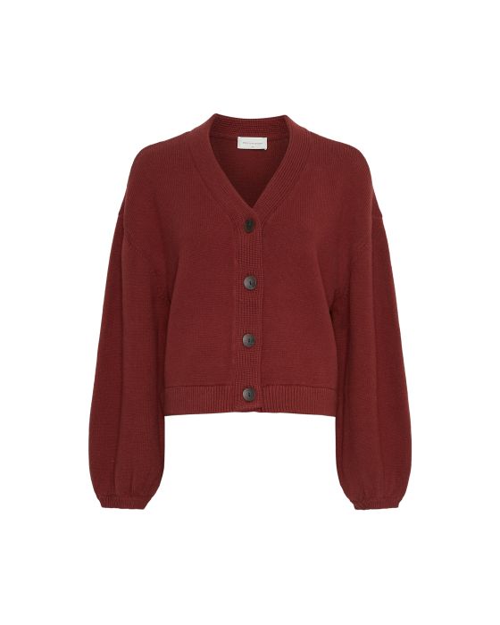 Rode MSCH Copenhagen vest model 19183 in syrah tint met V-hals grote knopen korte fit geribde boorden en ballonmouwen