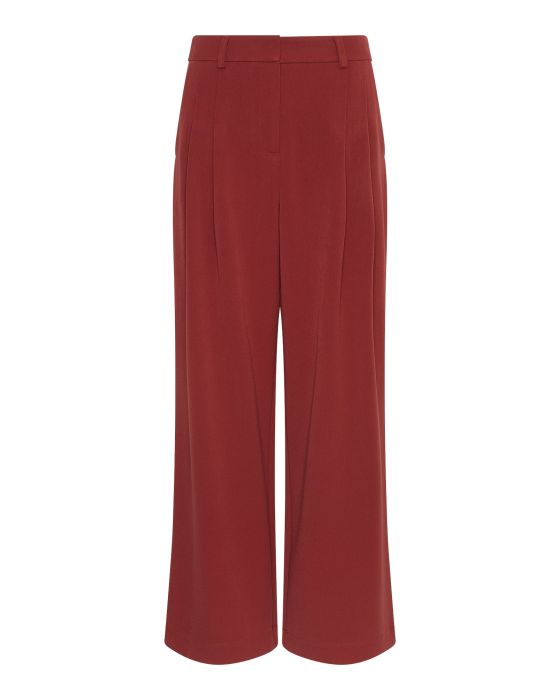 Rode MSCH Copenhagen 17940 Syrah pantalon met wijde rechte pijpen tailleband met riemlussen en voorplooien in soepele stof