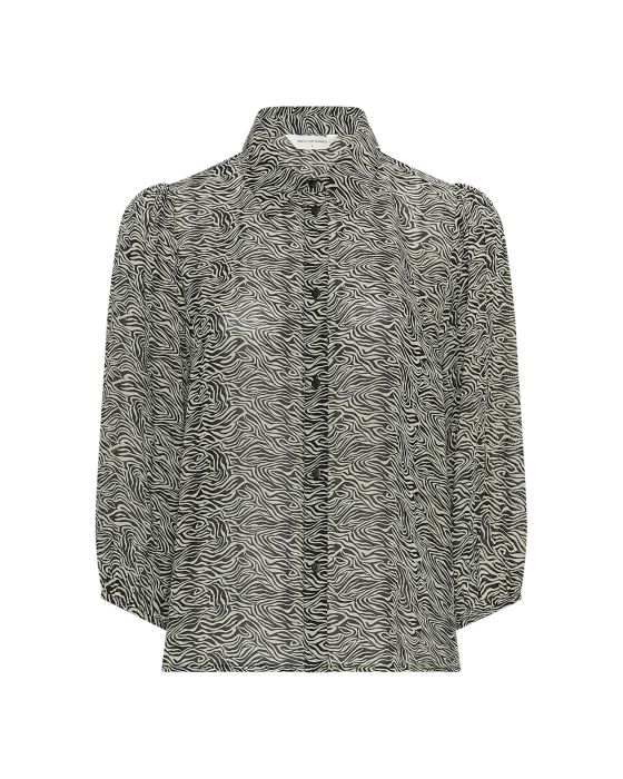 MSCH Copenhagen 19289 blouse met zwarte fog abstract print kraag en verborgen knopen licht doorschijnend met losse pasvorm