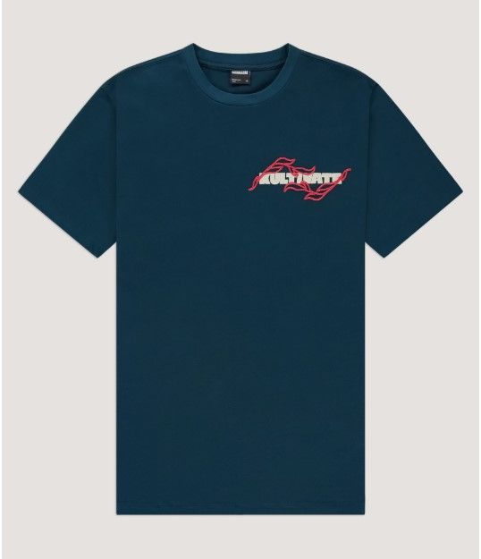 Donkerblauwe Kultivate T-shirt model 2501030204 767 met kleine grafische borstprint ronde hals en korte mouwen